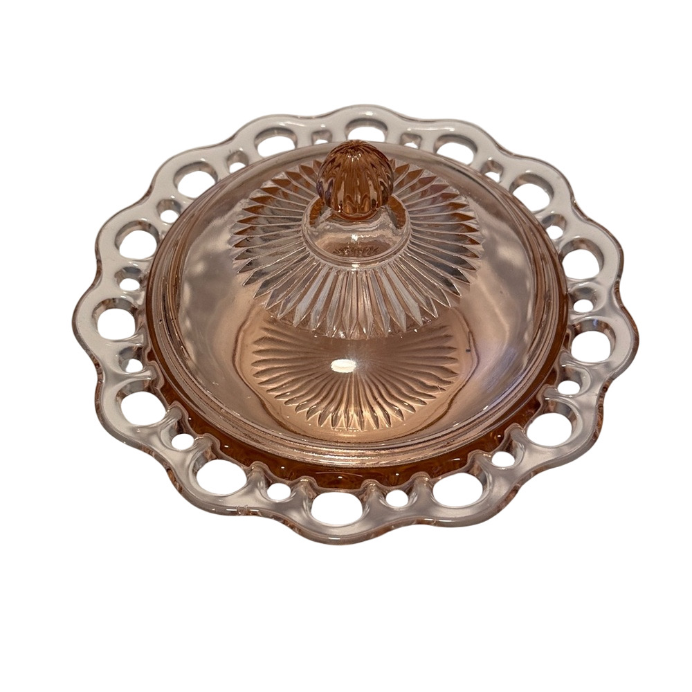Anchor Hocking Old Colony Open Lace Pink Glass Covered Butter Dish